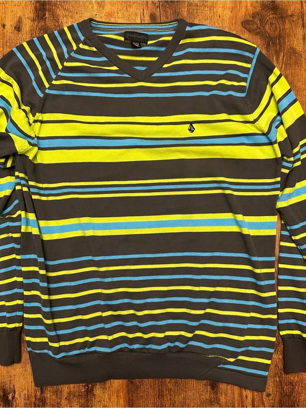 Volcom Men’s V-Neck Striped Sweater in Neon Yellow, Blue & Gray #266